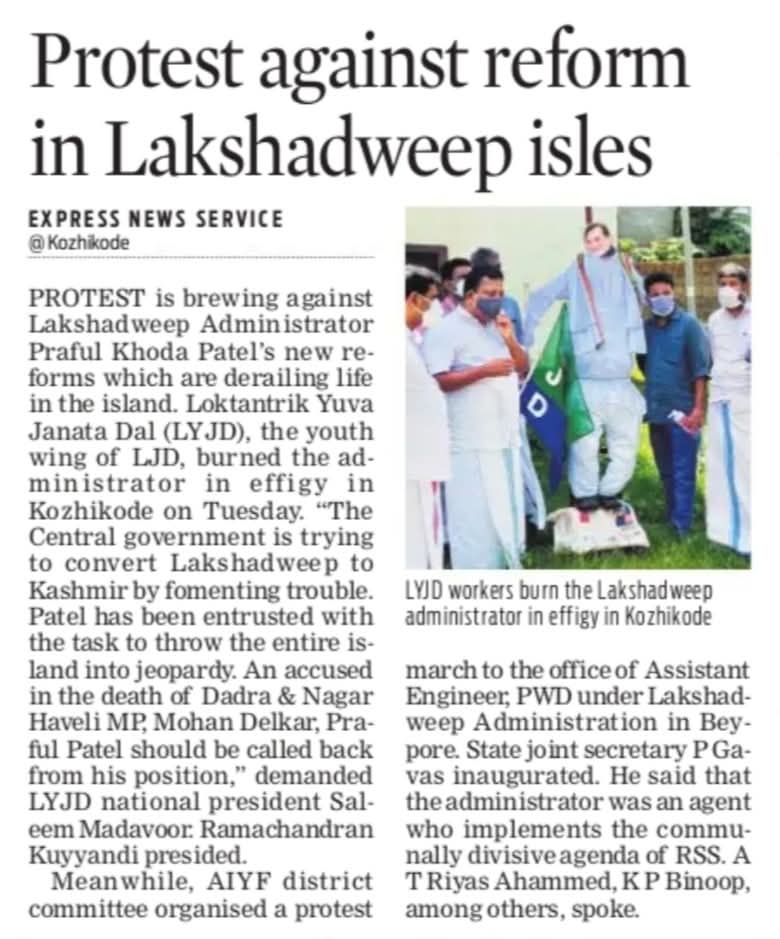 The New Indian Express — 'Protest against reform in Lakshadweep isles'